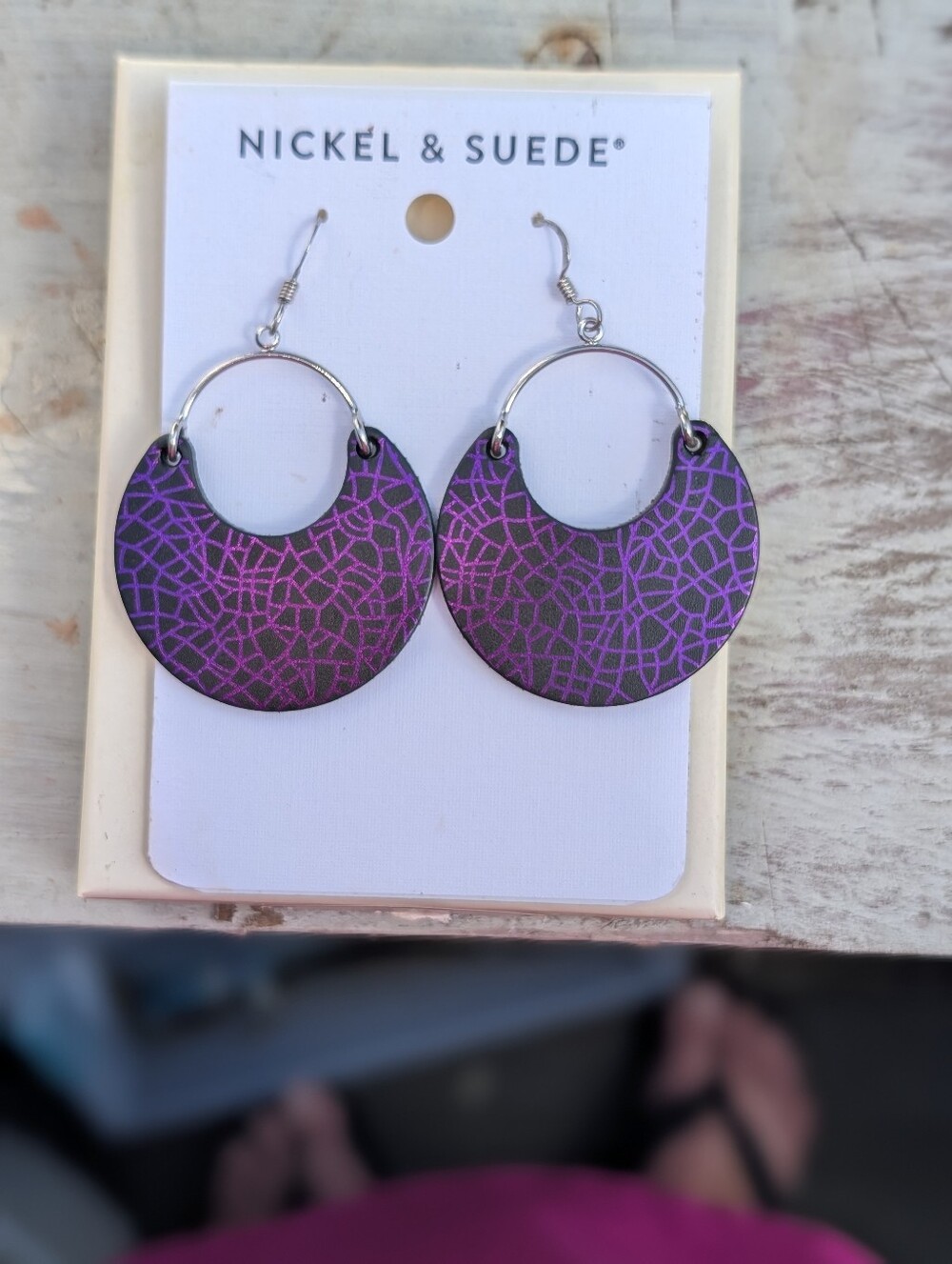 New Nickel & Suede Purple Metallic Spiderweb Halloween Hoop Earrings Black+Purpl